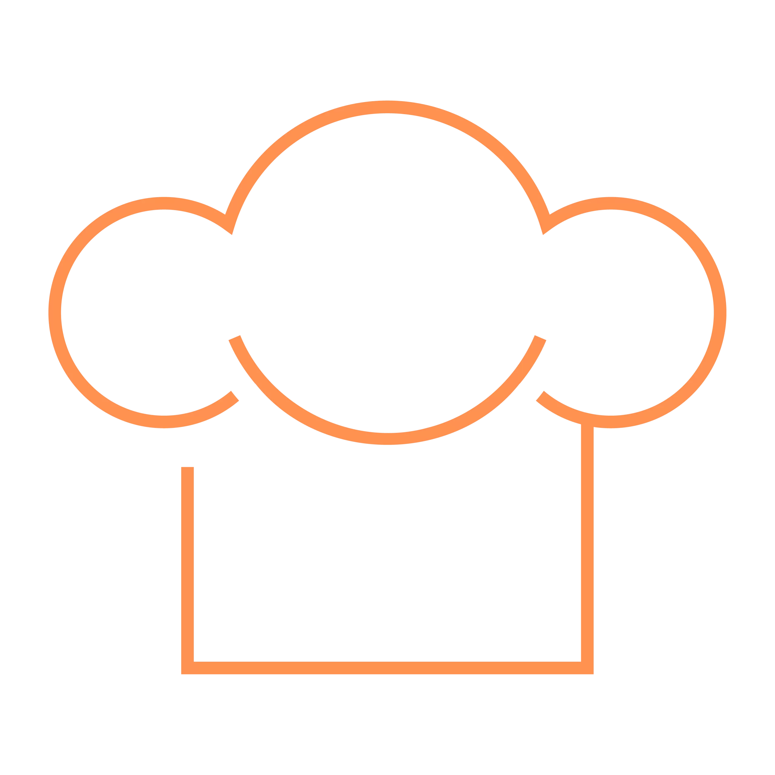 A minimalist line drawing of a chef's hat, depicted in orange.