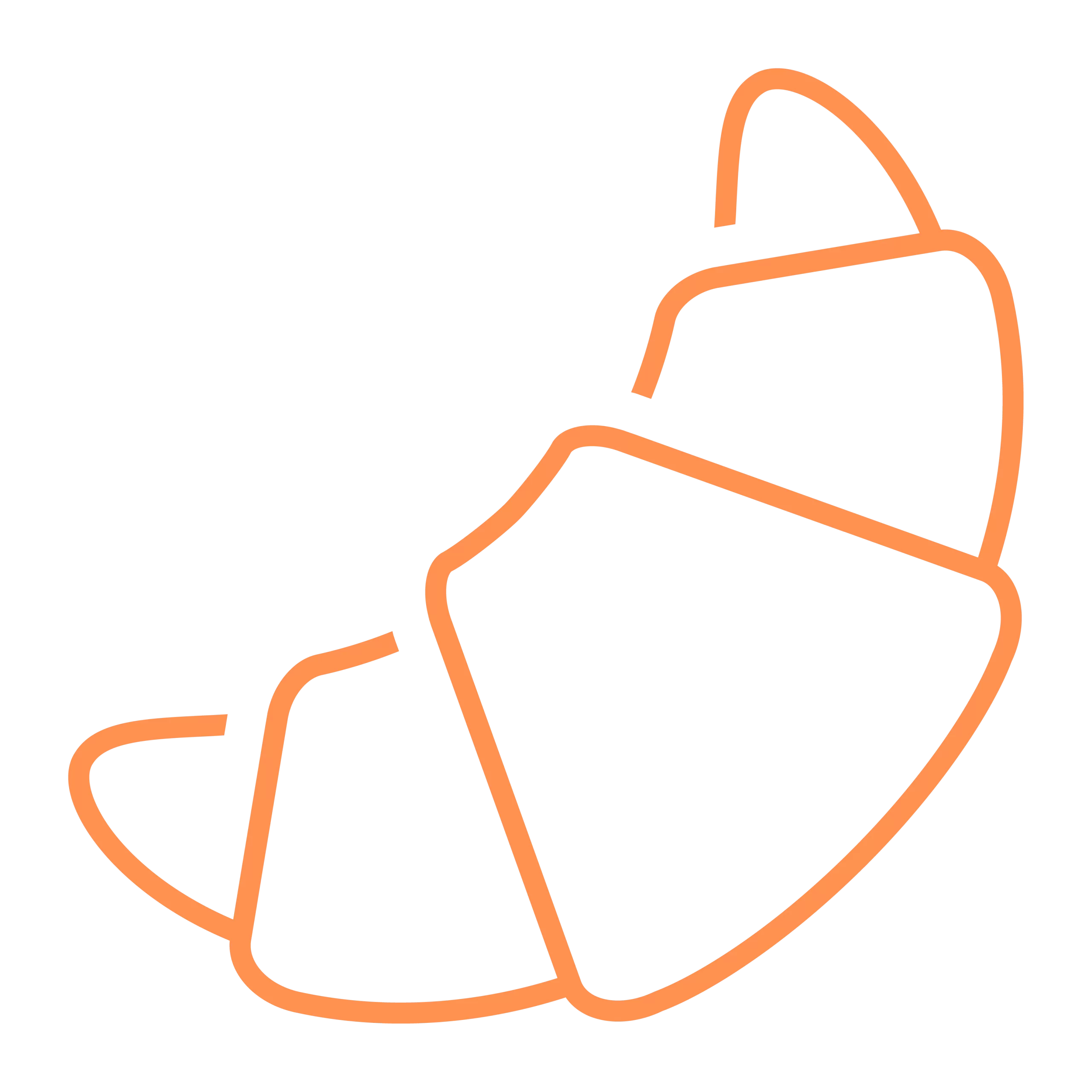 Line drawing of a croissant in an abstract, geometric style with orange outlines.