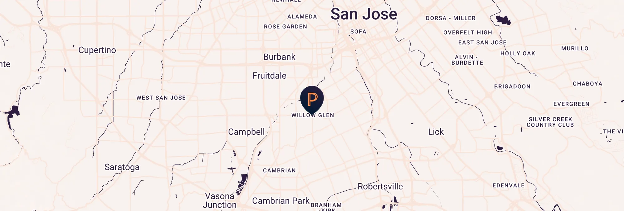 A map showing San Jose and surrounding neighborhoods, with a central marker labeled "P" located in Willow Glen.