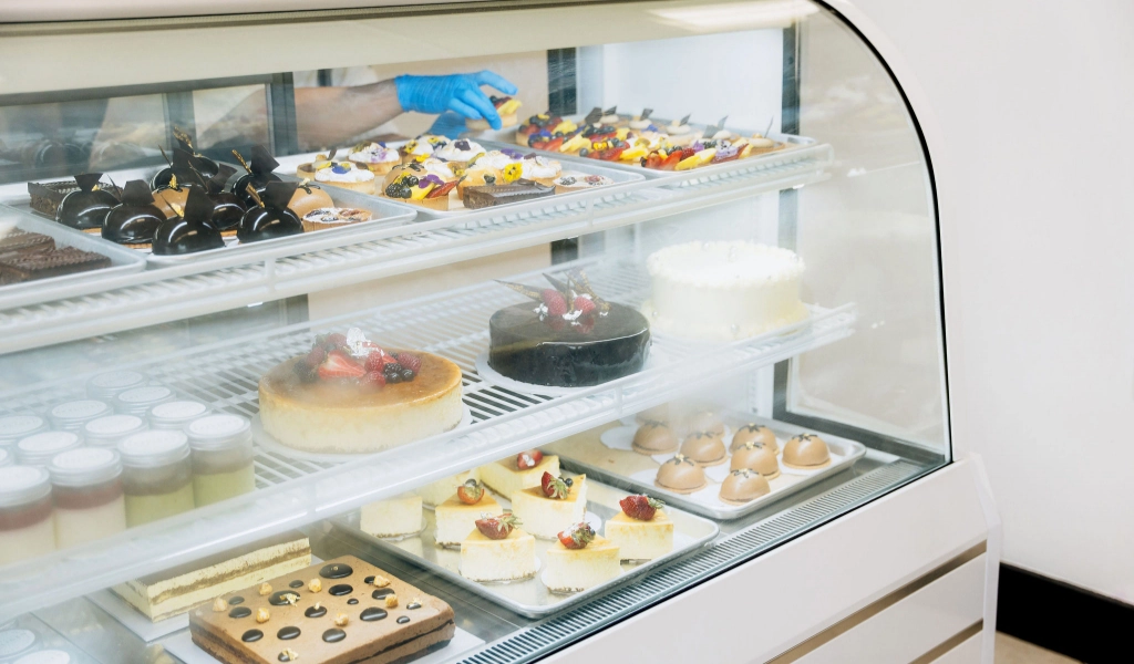 A glass display case in a luxury cafe in San Jose showcases an assortment of desserts, including high-end French pastries, cheesecakes, tarts, and mousse cups.