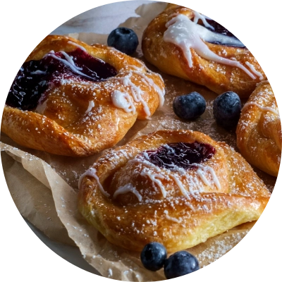 Pastries with fruit filling and icing are placed on parchment paper, surrounded by fresh blueberries at Preligen Artisan Bakery.