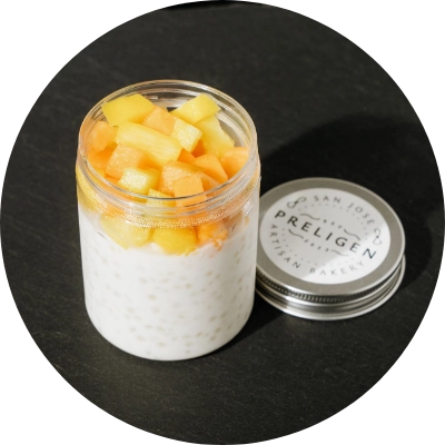 Tapioca pearls cooked in coconut milk topped with fresh fruits.