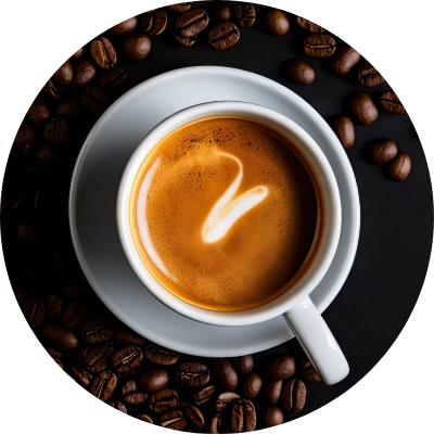 A cup of espresso with light crema and a latte art design on top, surrounded by scattered coffee beans on a black background.