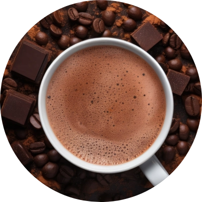 A cup of frothy coffee surrounded by coffee beans and pieces of dark chocolate.