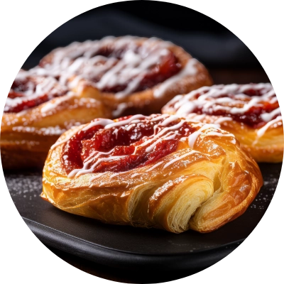 Four high-end French pastries topped with a drizzle of white icing and a dollop of red fruit filling, arranged on a dark surface.