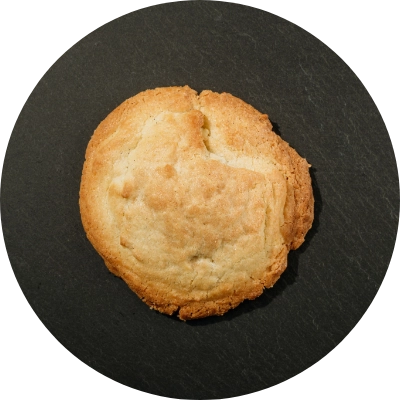 A single round shortbread cookie with a golden surface rests on a dark background.