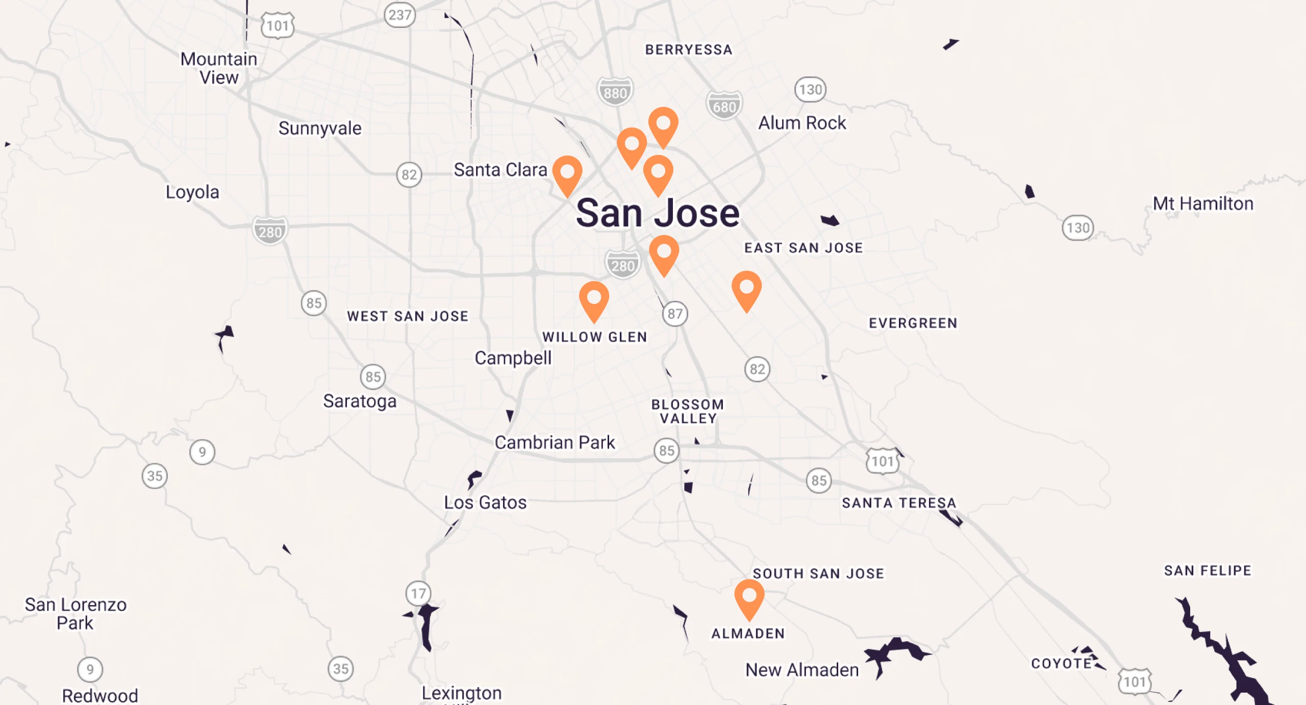 Map of San Jose and surrounding neighborhoods.